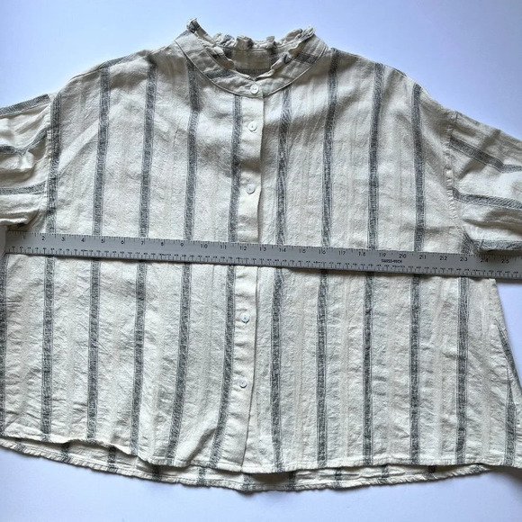 Mod Ref Striped Button Blouse Boxy  Relaxed Ruffle Collar Minimalist Cotton Sz M - Picture 6 of 14